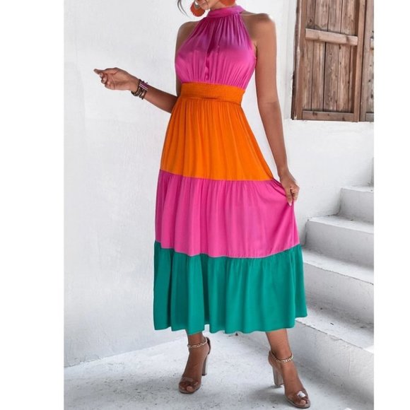 Boho Multi Color Shirred Halter Ruffle Hem Maxi Dress - Picture 4 of 6